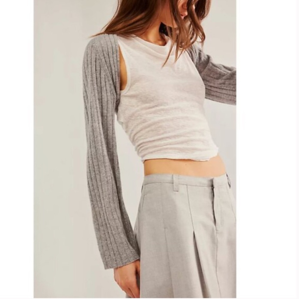 Free People Cropped Grey Ribbed Sleeve Shrug